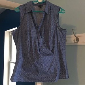 Blue and White Polka Dot V-Neck Blouse